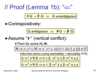 // Proof (Lemma 1b): “  ” Contrapositively: Assume “  ”  (vertical conflict) : Then for some N  N : But then derive  (using reachability + derivability of N) : s   * x N       x         * x  a       * x  a  y s   * x N       x   ’       * x  a       * x  a  y N         *  a , N      ’   *  a ,  L (  )     L (  ’ )    { a }      G     G     G  unambiguous G  ambiguous     G     G 