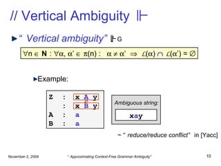 // Vertical Ambiguity “ Vertical ambiguity” : Example:  n     N  :   ,   ’      (n) :         ’     L (  )     L (  ’) =   x a y Z  :  x  A  y :  x  B  y  A  :  a B  :  a Ambiguous string: ~ “ reduce/reduce conflict ”  in [Yacc]  G 