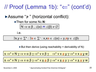 // Proof (Lemma 1b): “  ” (cont’d) Assume “  ”  (horizontal conflict) : Then for some N  N : But then derive  (using reachability + derivability of N) : s   * v N       v            * v x         * v x  a   y       * v x  a   y  w s   * v N       v            * v  x   a          * v  x   a  y      * v  x   a  y w N          ,  L (  )  L (  )       x,y      * :   a       +  : x,x a      L (  )    y, a y     L (  ) i.e.   