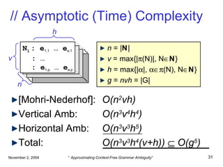[Mohri-Nederhof]:   O(n 2 vh) Vertical Amb:   O(n 3 v 4 h 4 ) Horizontal Amb:   O(n 3 v 3 h 5 ) Total:   O(n 3 v 3 h 4 (v+h))    O(g 5 ) // Asymptotic (Time) Complexity N 1   : e 1,1  … e a,1 : … : e 1,p  … e a,p h n v n  = | N | v  = max{|  (N)|, N  N } h  = max{|  |,   (N), N  N } g  =  nvh  = |G| 