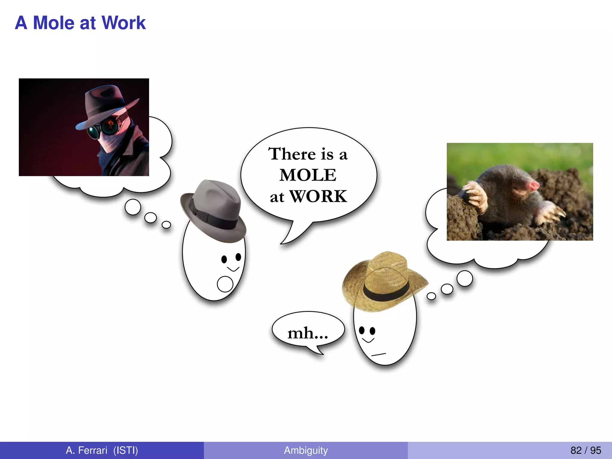 A Mole at Work
There is a
MOLE
at WORK
mh...
A. Ferrari (ISTI) Ambiguity 82 / 95
 