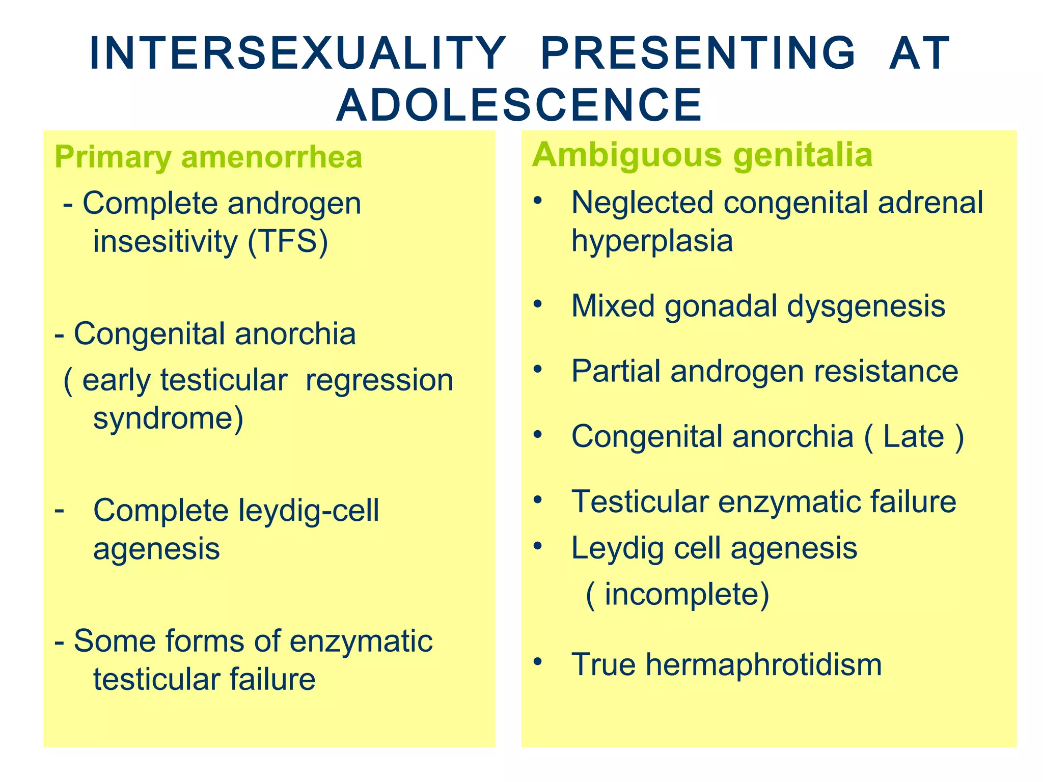 INTERSEXUALITY PRESENTING AT
ADOLESCENCE
Primary amenorrhea
- Complete androgen
insesitivity (TFS)
- Congenital anorchia
( early testicular regression
syndrome)
- Complete leydig-cell
agenesis
- Some forms of enzymatic
testicular failure
Ambiguous genitalia
• Neglected congenital adrenal
hyperplasia
• Mixed gonadal dysgenesis
• Partial androgen resistance
• Congenital anorchia ( Late )
• Testicular enzymatic failure
• Leydig cell agenesis
( incomplete)
• True hermaphrotidism
 