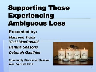 Supporting Those
Experiencing
Ambiguous Loss
Presented by:
Maureen Trask
Vicki MacDonald
Danuta Seasons
Deborah Gauthier
Community Discussion Session
Wed. April 22, 2015
1
 