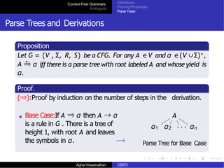 Context Free Grammars
Ambiguity
Definitions
Proving Properties
Parse Trees
Parse Trees and Derivations
Proposition
A ∗
Let G = (V , Σ, R, S) be a CFG. For any A ∈V and α ∈(V ∪Σ)∗,
⇒ α iffthereis a parse treewith root labeled A and whose yield is
α.
Proof.
(⇒):Proof by induction on the number of steps in the derivation.
Base Case:If A ⇒ α then A → α
is a rule in G . There is a tree of
height 1, with root A and leaves
the symbols in α. ··→
A
α1 α2 · · · αn
Parse Tree for Base Case
Agha-Viswanathan CS373
 