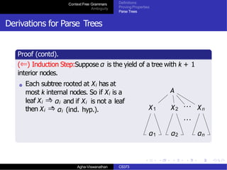 Context Free Grammars
Ambiguity
Definitions
Proving Properties
Parse Trees
Derivations for Parse Trees
Proof (contd).
(⇐) Induction Step:Suppose α is the yield of a tree with k + 1
interior nodes.
∗
αi and if Xi is not a leaf
Each subtree rooted at Xi has at
most k internal nodes. So if Xi is a
leaf Xi ⇒
then Xi ⇒∗
αi (ind. hyp.).
A
X1 X2 Xn···
···
α1 α2 αn
Agha-Viswanathan CS373
 