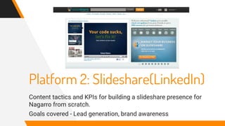 Platform 2: Slideshare(LinkedIn)
Content tactics and KPIs for building a slideshare presence for
Nagarro from scratch.
Goals covered - Lead generation, brand awareness
 