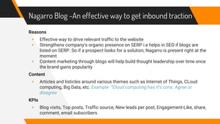 Nagarro Blog -An effective way to get inbound traction
Reasons
▸ Effective way to drive relevant traffic to the website
▸ Strengthens company’s organic presence on SERP i.e helps in SEO if blogs are
listed on SERP. So if a prospect looks for a solution, Nagarro is present right at the
moment
▸ Content marketing through blogs will help build thought leadership over time once
the brand gains popularity
Content
▸ Articles and listicles around various themes such as Internet of Things, CLoud
computing, Big Data, etc. Example- “Cloud computing has it’s cons. Agree or
disagree
KPIs
▸ Blog visits, Top posts, Traffic source, New leads per post, Engagement-Like, share,
comment, email subscribers
 