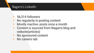Nagarro’s LinkedIn
▸ 56,314 followers
▸ No regularity in posting content
▸ Mostly inactive- posts once a month
▸ Content is sourced from Nagarro blog and
website(articles)
▸ No sponsored content
▸ No careers tab
 