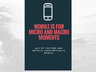 MOBILE IS FOR
MICRO AND MACRO
MOMENTS
4 0 % O F Y O U T U B E A N D
N E T F L I X C O N S U M P T I O N I S
M O B I L E