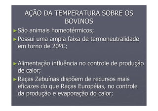 AAÇÇÃO DA TEMPERATURA SOBRE OSÃO DA TEMPERATURA SOBRE OS
BOVINOSBOVINOS
►►São animais homeotSão animais homeotéérmicos;rmicos;
►►Possui uma ampla faixa de termoneutralidadePossui uma ampla faixa de termoneutralidade
em torno de 20em torno de 20ººC;C;
►►AlimentaAlimentaçção influência no controle de produão influência no controle de produççãoão
de calor;de calor;
►►RaRaçças Zebuas Zebuíínas dispõem de recursos maisnas dispõem de recursos mais
eficazes do que Raeficazes do que Raçças Europas Europééias, no controleias, no controle
da produda produçção e evaporaão e evaporaçção do calor;ão do calor;
 