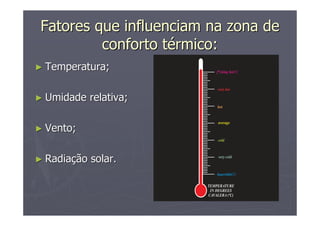 Fatores que influenciam na zona deFatores que influenciam na zona de
conforto tconforto téérmico:rmico:
►► Temperatura;Temperatura;
►► Umidade relativa;Umidade relativa;
►► Vento;Vento;
►► RadiaRadiaçção solar.ão solar.
 