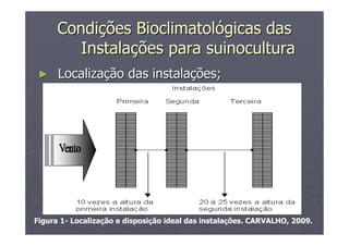 CondiCondiçções Bioclimatolões Bioclimatolóógicas dasgicas das
InstalaInstalaçções para suinoculturaões para suinocultura
►► LocalizaLocalizaçção das instalaão das instalaçções;ões;
Figura 1- Localização e disposição ideal das instalações. CARVALHO, 2009.
 