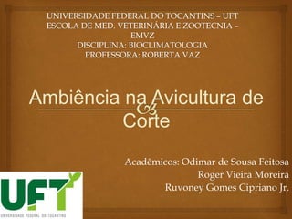 Acadêmicos: Odimar de Sousa Feitosa
Roger Vieira Moreira
Ruvoney Gomes Cipriano Jr.
Ambiência na Avicultura de
Corte
 