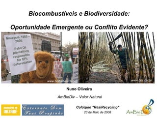 Biocombustíveis e Biodiversidade:
Oportunidade Emergente ou Conflito Evidente?
Nuno Oliveira
AmBioDiv – Valor Natural
23 de Maio de 2008
www.biofuelwatch.org www.bbc.co.uk
Colóquio "ResiRecycling"
 