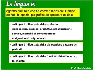 oggetto culturale che ha come dimensioni il tempo
storico, lo spazio geografico, lo spessore sociale
- La lingua è influenzata dalle evoluzioni
(conoscenze, processi produttivi, organizzazione
sociale, modalità di comunicazione,
emigrazione/immigrazione)
- La lingua è influenzata dalla dislocazione spaziale dei
parlanti
- La lingua è influenzata dalle funzioni, dai sottocodici,
dai registri
 