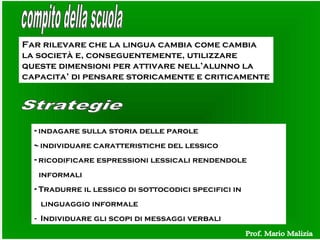 Far rilevare che la lingua cambia come cambia
la società e, conseguentemente, utilizzare
queste dimensioni per attivare nell’alunno la
capacita’ di pensare storicamente e criticamente
- indagare sulla storia delle parole
-- individuare caratteristiche del lessico
- ricodificare espressioni lessicali rendendole
informali
- Tradurre il lessico di sottocodici specifici in
linguaggio informale
- Individuare gli scopi di messaggi verbali
 