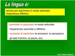 veicolo per esprimere in modo articolato
l’esperienza affettiva
- permette di esprimere in modo articolato
l’esperienza razionale e affettiva
- consente di esplicitare le emozioni, le sensazioni,
gli stati d’animo, le paure, ecc.
 