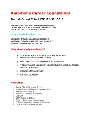 Ambitions Career Counsellors
The India’s best MBA & PGDM B-SCHOOLS
KICKSTART YOUR CAREER BY STARTING EARLY ENROLL FOR
THE JANUARY 2012 BATCH ADMISSIONS OPEN FOR FULLTIME
MBA IN THE COUNTRY'S LEADING B-SCHOOL'S

Hurry limited admissions..........
ADMISSIONS OPEN FOR MBA/PGDM B-SCHOOL'S IN
HYDERABAD, CHENNAI, BENGALORE, PUNE, DELHI & ETC...
FOR BOTH JANUARY & JULY 2012 BATCHES.


Why choose only Ambitions??

         AUTHORISED OFFICIAL REPRESENTATIVE FOR MORE THAN 200
         TOPNOTCH B-SCHOOLS ACROSS THE INDIA

         MORE THAN 7 YEARS EXPERIANCE IN B-SCHOOL ADMISSION

         SYSTEMATIC CAREER COUNSELING TO ENABLE STUDENTS TO OPT FOR COURSES
          BASED ON THEIR ABILITY

         EDUCATION LOANS ASSISTANCE

         FREE HOME COUNSELING



Hyderabad

   1.   Amity Global Business School
   2.   Asian School of Business Management
   3.   Aurora's Business School
   4.   Badruka Group of Institutions
   5.   Centum
   6.   CMR Business School
   7.   Dhruva College of Management
   8.   GITAM-Hyderabad School of Business
   9.   Guru Nanak Business School
 