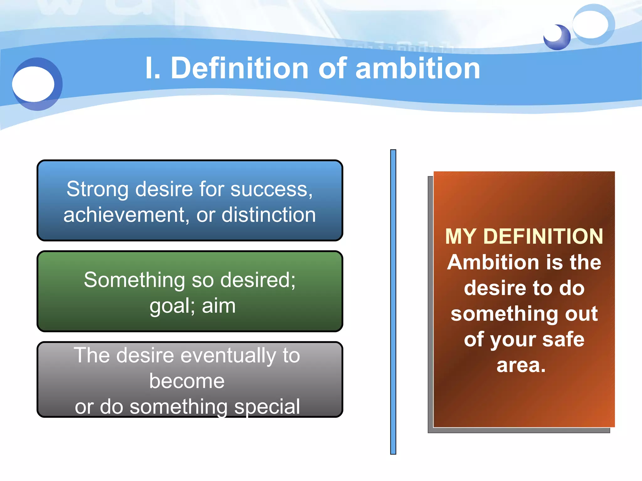 I. Definition of ambition Strong desire for success, achievement, or distinction   Something so desired; goal; aim The desire eventually to  become  or do something special   MY DEFINITION Ambition is the desire to do something out of your safe area.   