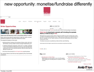 new opportunity: monetise/fundraise differently




Thursday, 9 July 2009
 