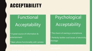 ACCEPTABILITY
Functional
Acceptability
* A great source of information &
entertainment
* Basic phone functionality with camera
and web surfing, social networking
* Special features of solar charging,
Psychological
Acceptability
* The charm of owning a smartphone
* Perfectly tackles rural issues of electricity
shortage
* So many useful inbuilt apps with free
subscription
 