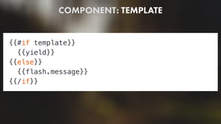 COMPONENT: TEMPLATE
{{#if template}}
{{yield}}
{{else}}
{{flash.message}}
{{/if}}
 