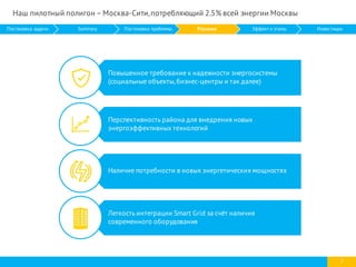 Повышенное требование к надежности энергосистемы
(социальные объекты, бизнес-центры и так далее)
Перспективность района для внедрения новых
энергоэффективных технологий
Наличие потребности в новых энергетических мощностях
Легкость интеграции Smart Grid за счёт наличия
современного оборудования
7
Наш пилотный полигон – Москва-Сити,потребляющий 2.5% всей энергии Москвы
Постановка задачи Summary Постановка проблемы Решение Эффект и этапы Инвестиции
 