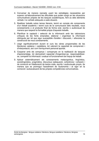 Currículum batxillerat – Decret 142/2008 - DOGC núm. 5183
Àmbit de llengües: llengua catalana i literatura, llengua castellana i literatura, llengües
estrangeres 16
4. Conversar de manera raonada usant les estratègies necessàries per
superar col·laborativament les dificultats que poden sorgir en les situacions
comunicatives pròpies de les tasques acadèmiques, fent ús dels elements
verbals i no verbals adequats a cada situació.
5. Realitzar treballs sobre temes literaris, tenint en compte els components
d'un treball acadèmic i tenint cura de la comunicació dels resultats, nous
coneixements o el producte final de forma oral, escrita o audiovisual de
manera que respecti la formalitat pròpia d'aquests treballs.
6. Planificar la captació i selecció de ls informació amb les valoracions
crítiques de les fonts emprades; elaborar i organitzar la informació
obtinguda per tal que sigui susceptible d'anàlisi i discussió, i afavoreixi la
construcció de nous coneixements.
7. Llegir significativament durant el curs les obres programades de les
literatures catalana i castellana, tot valorant la capacitat de comprensió i
d'interpretació, així com l'enriquiment personal aportat.
8. Cooperar amb els companys i companyes en la realització de tasques
d'aprenentatge, tot demostrant capacitat d'organitzar-se, responsabilitzar-
se, compartir la informació i avaluar el funcionament de l'equip de treball.
9. Aplicar sistemàticament els coneixements metacognitius, lingüístics,
sociolingüístics, pragmàtics, discursius (adequació, coherència i cohesió) i
de correcció en l'elaboració de textos orals, escrits i audiovisuals propis, de
manera que es promogui l'assoliment de l'autonomia i el rigor en la
correcció i autoavaluació de les pròpies competències comunicatives.
 