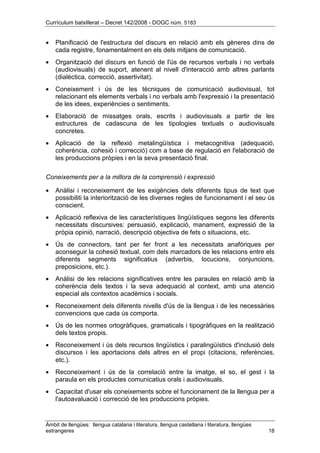 Currículum batxillerat – Decret 142/2008 - DOGC núm. 5183
Àmbit de llengües: llengua catalana i literatura, llengua castellana i literatura, llengües
estrangeres 18
• Planificació de l'estructura del discurs en relació amb els gèneres dins de
cada registre, fonamentalment en els dels mitjans de comunicació.
• Organització del discurs en funció de l'ús de recursos verbals i no verbals
(audiovisuals) de suport, atenent al nivell d'interacció amb altres parlants
(dialèctica, correcció, assertivitat).
• Coneixement i ús de les tècniques de comunicació audiovisual, tot
relacionant els elements verbals i no verbals amb l'expressió i la presentació
de les idees, experiències o sentiments.
• Elaboració de missatges orals, escrits i audiovisuals a partir de les
estructures de cadascuna de les tipologies textuals o audiovisuals
concretes.
• Aplicació de la reflexió metalingüística i metacognitiva (adequació,
coherència, cohesió i correcció) com a base de regulació en l'elaboració de
les produccions pròpies i en la seva presentació final.
Coneixements per a la millora de la comprensió i expressió
• Anàlisi i reconeixement de les exigències dels diferents tipus de text que
possibiliti la interiorització de les diverses regles de funcionament i el seu ús
conscient.
• Aplicació reflexiva de les característiques lingüístiques segons les diferents
necessitats discursives: persuasió, explicació, manament, expressió de la
pròpia opinió, narració, descripció objectiva de fets o situacions, etc.
• Ús de connectors, tant per fer front a les necessitats anafòriques per
aconseguir la cohesió textual, com dels marcadors de les relacions entre els
diferents segments significatius (adverbis, locucions, conjuncions,
preposicions, etc.).
• Anàlisi de les relacions significatives entre les paraules en relació amb la
coherència dels textos i la seva adequació al context, amb una atenció
especial als contextos acadèmics i socials.
• Reconeixement dels diferents nivells d'ús de la llengua i de les necessàries
convencions que cada ús comporta.
• Ús de les normes ortogràfiques, gramaticals i tipogràfiques en la realització
dels textos propis.
• Reconeixement i ús dels recursos lingüístics i paralingüístics d'inclusió dels
discursos i les aportacions dels altres en el propi (citacions, referències,
etc.).
• Reconeixement i ús de la correlació entre la imatge, el so, el gest i la
paraula en els productes comunicatius orals i audiovisuals.
• Capacitat d'usar els coneixements sobre el funcionament de la llengua per a
l'autoavaluació i correcció de les produccions pròpies.
 