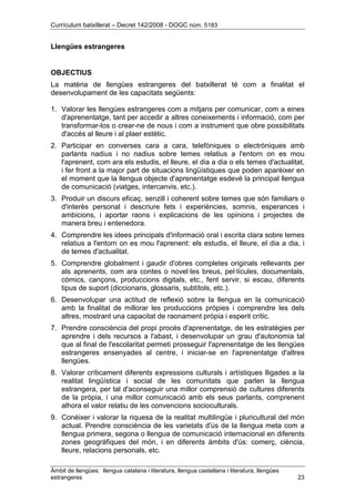 Currículum batxillerat – Decret 142/2008 - DOGC núm. 5183
Àmbit de llengües: llengua catalana i literatura, llengua castellana i literatura, llengües
estrangeres 23
Llengües estrangeres
OBJECTIUS
La matèria de llengües estrangeres del batxillerat té com a finalitat el
desenvolupament de les capacitats següents:
1. Valorar les llengües estrangeres com a mitjans per comunicar, com a eines
d'aprenentatge, tant per accedir a altres coneixements i informació, com per
transformar-los o crear-ne de nous i com a instrument que obre possibilitats
d'accés al lleure i al plaer estètic.
2. Participar en converses cara a cara, telefòniques o electròniques amb
parlants nadius i no nadius sobre temes relatius a l'entorn on es mou
l'aprenent, com ara els estudis, el lleure, el dia a dia o els temes d'actualitat,
i fer front a la major part de situacions lingüístiques que poden aparèixer en
el moment que la llengua objecte d'aprenentatge esdevé la principal llengua
de comunicació (viatges, intercanvis, etc.).
3. Produir un discurs eficaç, senzill i coherent sobre temes que són familiars o
d'interès personal i descriure fets i experiències, somnis, esperances i
ambicions, i aportar raons i explicacions de les opinions i projectes de
manera breu i entenedora.
4. Comprendre les idees principals d'informació oral i escrita clara sobre temes
relatius a l'entorn on es mou l'aprenent: els estudis, el lleure, el dia a dia, i
de temes d'actualitat.
5. Comprendre globalment i gaudir d'obres completes originals rellevants per
als aprenents, com ara contes o novel·les breus, pel·lícules, documentals,
còmics, cançons, produccions digitals, etc., fent servir, si escau, diferents
tipus de suport (diccionaris, glossaris, subtítols, etc.).
6. Desenvolupar una actitud de reflexió sobre la llengua en la comunicació
amb la finalitat de millorar les produccions pròpies i comprendre les dels
altres, mostrant una capacitat de raonament pròpia i esperit crític.
7. Prendre consciència del propi procés d'aprenentatge, de les estratègies per
aprendre i dels recursos a l'abast, i desenvolupar un grau d'autonomia tal
que al final de l'escolaritat permeti prosseguir l'aprenentatge de les llengües
estrangeres ensenyades al centre, i iniciar-se en l'aprenentatge d'altres
llengües.
8. Valorar críticament diferents expressions culturals i artístiques lligades a la
realitat lingüística i social de les comunitats que parlen la llengua
estrangera, per tal d'aconseguir una millor comprensió de cultures diferents
de la pròpia, i una millor comunicació amb els seus parlants, comprenent
alhora el valor relatiu de les convencions socioculturals.
9. Conèixer i valorar la riquesa de la realitat multilingüe i pluricultural del món
actual. Prendre consciència de les varietats d'ús de la llengua meta com a
llengua primera, segona o llengua de comunicació internacional en diferents
zones geogràfiques del món, i en diferents àmbits d'ús: comerç, ciència,
lleure, relacions personals, etc.
 