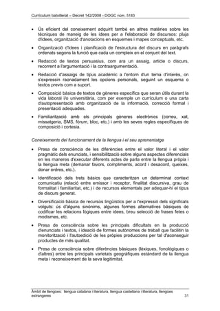 Currículum batxillerat – Decret 142/2008 - DOGC núm. 5183
Àmbit de llengües: llengua catalana i literatura, llengua castellana i literatura, llengües
estrangeres 31
• Ús eficient del coneixement adquirit també en altres matèries sobre les
tècniques de maneig de les idees per a l'elaboració de discursos: pluja
d'idees, organització d'anotacions en esquemes i mapes conceptuals, etc.
• Organització d'idees i planificació de l'estructura del discurs en paràgrafs
ordenats segons la funció que cada un compleix en el conjunt del text.
• Redacció de textos persuasius, com ara un assaig, article o discurs,
recorrent a l'argumentació i la contraargumentació.
• Redacció d'assaigs de tipus acadèmic a l'entorn d'un tema d'interès, on
s'expressin raonadament les opcions personals, seguint un esquema o
textos previs com a suport.
• Composició bàsica de textos de gèneres específics que seran útils durant la
vida laboral i/o universitària, com per exemple un currículum o una carta
d'autopresentació amb organització de la informació, correcció formal i
presentació adequades.
• Familiarització amb els principals gèneres electrònics (correu, xat,
missatgeria, SMS, fòrum, bloc, etc.) i amb les seves regles específiques de
composició i cortesia.
Coneixements del funcionament de la llengua i el seu aprenentatge
• Presa de consciència de les diferències entre el valor literal i el valor
pragmàtic dels enunciats, i sensibilització sobre alguns aspectes diferencials
en les maneres d'executar diferents actes de parla entre la llengua pròpia i
la llengua meta (demanar favors, compliments, acord i desacord, queixes,
donar ordres, etc.).
• Identificació dels trets bàsics que caracteritzen un determinat context
comunicatiu (relació entre emissor i receptor, finalitat discursiva, grau de
formalitat i familiaritat, etc.) i de recursos elementals per adequar-hi el tipus
de discurs generat.
• Diversificació bàsica de recursos lingüístics per a l'expressió dels significats
volguts: ús d'alguns sinònims, algunes formes alternatives bàsiques de
codificar les relacions lògiques entre idees, breu selecció de frases fetes o
modismes, etc.
• Presa de consciència sobre les principals dificultats en la producció
d'enunciats i textos, i ideació de formes autònomes de treball que facilitin la
monitorització i l'autoedició de les pròpies produccions per tal d'aconseguir
productes de més qualitat.
• Presa de consciència sobre diferències bàsiques (lèxiques, fonològiques o
d'altres) entre les principals varietats geogràfiques estàndard de la llengua
meta i reconeixement de la seva legitimitat.
 
