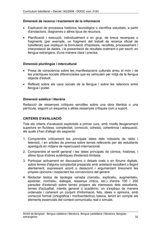 Currículum batxillerat – Decret 142/2008 - DOGC núm. 5183
Àmbit de llengües: llengua catalana i literatura, llengua castellana i literatura, llengües
estrangeres 32
Dimensió de recerca i tractament de la informació
• Explicació de processos històrics, tecnològics o científics estudiats, a partir
d'anotacions, diagrames o altres tipus de recursos.
• Planificació i execució, individualment o en grup, de breus recerques o
fragments (per exemple, un fragment del treball de recerca oficial de
batxillerat) que impliquin la formulació d'hipòtesis, recollida, processament i
interpretació de dades, i la presentació de resultats oralment o per escrit, en
llengua estrangera, d'una manera clara i precisa.
Dimensió plurilingüe i intercultural
• Presa de consciència sobre les manifestacions culturals arreu el món i de
les pràctiques socials diferenciades que es vehiculen per mitjà de la llengua
objecte d'estudi.
• Reflexió sobre els usos socials de la llengua i sobre les relacions entre
llengua i poder.
Dimensió estètica i literària
Redacció de ressenyes crítiques senzilles sobre una obra literària o una
pel·lícula, seguint un esquema o altres ressenyes crítiques com a suport.
CRITERIS D'AVALUACIÓ
Tots els criteris d'avaluació explicitats a primer curs, amb nivells lleugerament
superiors en fluïdesa, complexitat, correcció, cohesió, coherència i adequació,
als quals s'han d'afegir els següents:
1. Comprendre críticament les principals idees dels noticiaris de ràdio i
televisió, i en articles de premsa sobre temes rellevants per als estudiants
apareguts en mitjans de repercussió internacional.
2. Comprendre el sentit general i les idees principals de còmics, històries, i
altres tipus d'obres autèntiques d'extensió limitada.
3. Participar activament en discussions o debats orals o en fòrums digitals,
sobre temes d'alguna complexitat preparats amb antelació escoltant o llegint
atentament, expressant acord o desacord i argumentant breument les
pròpies opinions i respectant les convencions del gènere.
4. Redactar textos de tipologia variada (narratiu, explicatiu, augmentatiu,
epistolar, normatiu, dialogat, ressenya crítica, etc.) d'entre 100 i 200
paraules d'extensió sobre temes propers als interessos dels estudiants,
temes d'actualitat, interès general o acadèmic, on s'expliqui de manera
ordenada i coherent un conjunt d'informació, fets, idees o opinions, amb
correcció formal (ortogràfica i morfosintàctica) bàsica, tenint en compte els
elements essencials del context comunicatiu real o simulat.
 