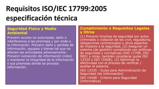 Requisitos ISO/IEC 17799:2005
especificación técnica
Seguridad Física y Medio
Ambiental
Prevenir acceso no autorizado, daño o
interferencia a las premisas y por ende a
la información. Prevenir daño y perdida de
información, equipos y bienes tal que no
afecten las actividades adversamente.
Prevenir extracción de información (robo)
y mantener la integridad de la información
y sus premisas donde se procesa
información.
Cumplimiento a Requisitos Legales
y Otros
(1) Prevenir brechas de seguridad por actos
criminales o violación de ley civil, regulatoria,
obligaciones contractuales u otros aspectos
de impacto a la seguridad, (2) Asegurar un
sistema (de gestión) cumpliendo con políticas
de seguridad y normativas (ISO 17799, ISO
9001 y otras, también considerar guías ISO
13335 o ISO 15408), (3) Optimizar la
efectividad con el proceso de verificar /
auditar el sistema.
ISO 13335 - Guías para Administración de
Seguridad (de Información)
ISO 15408 - Criterio para Seguridad
(Informática)
 
