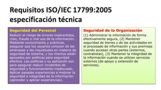 Requisitos ISO/IEC 17799:2005
especificación técnica
Seguridad del Personal
Reducir el riesgo de errores inadvertidos,
robo, fraude o mal uso de la información.
Mediante conocimiento y prácticas,
asegurar que los usuarios conocen de las
amenazas y las inquietudes en materia de
seguridad de sistema, y los mismos están
apoyados por políticas para seguridad
efectiva. Las políticas y su aplicación son
para asegurar reducir incidentes de
seguridad y funcionamiento inadecuado.
Aplicar pasadas experiencias a mejorar la
seguridad e integridad de la información
(aprender y aplicar experiencias).
Seguridad de la Organización
(1) Administrar la información de forma
efectivamente segura, (2) Mantener
seguridad de bienes y de las actividades en
el procesado de información y sus premisas
cuando accesan otras partes (externos,
contratistas), (3) Mantener la integridad de
la información cuando se utilicen servicios
externos (de apoyo y extensión de
servicios).
 