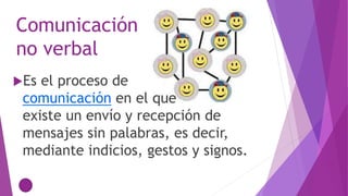 Comunicación
no verbal
Es el proceso de
comunicación en el que
existe un envío y recepción de
mensajes sin palabras, es decir,
mediante indicios, gestos y signos.
 