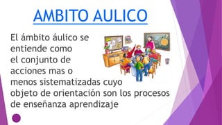 AMBITO AULICO
El ámbito áulico se
entiende como
el conjunto de
acciones mas o
menos sistematizadas cuyo
objeto de orientación son los procesos
de enseñanza aprendizaje
 
