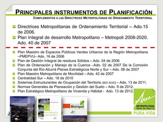 PRINCIPALES INSTRUMENTOS DE PLANIFICACIÓN 
COMPLEMENTOS A LAS DIRECTRICES METROPOLITANAS DE ORDENAMIENTO TERRITORIAL 
Directrices Metropolitanas de Ordenamiento Territorial – Ado.15 
de 2006. 
Plan Integral de desarrollo Metropolitano – Metropoli 2008-2020. 
Ado. 40 de 2007 
Plan Maestro de Espacios Públicos Verdes Urbanos de la Región Metropolitana 
–PMEPVU– Ado. 16 de 2006 
Plan de Gestión Integral de residuos Sólidos – Ado. 04 de 2006 
Plan de Ordenación y Manejo de la Cuenca –Ado. 02 de 2007 De la Comisión 
Conjunta del Río Aburrá Planes Estratégicos Norte y Sur – Ado. 06 de 2007 
Plan Maestro Metropolitano de Movilidad – Ado. 42 de 2007 
Centralidad Sur – Ado. 18 de 2010 
Sistemas Estructurantes de Ocupación del Territorio (BIO 2030) – Ado. 13 de 2011. 
Normas Generales de Planeación y Gestión del Suelo – Ado. 9 de 2012. 
Plan Estratégico Metropolitano de Vivienda y Hábitat - Ado. 13 de 2012. 
 