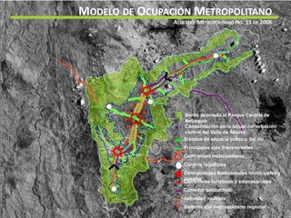 MODELO DE OCUPACIÓN METROPOLITANO 
ACUERDO METROPOLITANO NO. 15 DE 2006 
Borde asociado al Parque Central de 
Antioquia 
Consolidación de la actual conurbación 
central del Valle de Aburra 
Sistema de espacio público del río 
Principales ejes transversales 
Centralidad metropolitana 
Centros logísticos 
Centralidades tradicionales municipales y 
zonales 
Corredores turísticos y empresariales 
Corredor productivo 
Actividad múltiple 
Sistema vial metropolitano regional 
 