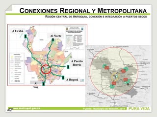 CONEXIONES REGIONAL Y METROPOLITANA 
A Urabá 
REGIÓN CENTRAL DE ANTIOQUIA, CONEXIÓN E INTEGRACIÓN A PUERTOS SECOS 
Al Norte 
Al 
Sur 
A Puerto 
Berrio 
A Bogotá 
Fuente: Municipio de Medellín, 2014 
 