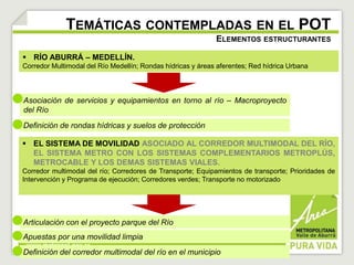 TEMÁTICAS CONTEMPLADAS EN EL POT 
 RÍO ABURRÁ – MEDELLÍN. 
Corredor Multimodal del Río Medellín; Rondas hídricas y áreas aferentes; Red hídrica Urbana 
Asociación de servicios y equipamientos en torno al río – Macroproyecto 
del Río 
Definición de rondas hídricas y suelos de protección 
ELEMENTOS ESTRUCTURANTES 
 EL SISTEMA DE MOVILIDAD ASOCIADO AL CORREDOR MULTIMODAL DEL RÍO, 
EL SISTEMA METRO CON LOS SISTEMAS COMPLEMENTARIOS METROPLÚS, 
METROCABLE Y LOS DEMAS SISTEMAS VIALES. 
Corredor multimodal del río; Corredores de Transporte; Equipamientos de transporte; Prioridades de 
Intervención y Programa de ejecución; Corredores verdes; Transporte no motorizado 
Articulación con el proyecto parque del Río 
Apuestas por una movilidad limpia 
Definición del corredor multimodal del río en el municipio 
 