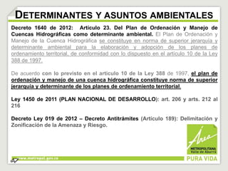 DETERMINANTES Y ASUNTOS AMBIENTALES 
Decreto 1640 de 2012: Artículo 23. Del Plan de Ordenación y Manejo de 
Cuencas Hidrográficas como determinante ambiental. El Plan de Ordenación y 
Manejo de la Cuenca Hidrográfica se constituye en norma de superior jerarquía y 
determinante ambiental para la elaboración y adopción de los planes de 
ordenamiento territorial, de conformidad con lo dispuesto en el artículo 10 de la Ley 
388 de 1997. 
De acuerdo con lo previsto en el artículo 10 de la Ley 388 de 1997, el plan de 
ordenación y manejo de una cuenca hidrográfica constituye norma de superior 
jerarquía y determinante de los planes de ordenamiento territorial. 
Ley 1450 de 2011 (PLAN NACIONAL DE DESARROLLO): art. 206 y arts. 212 al 
216 
Decreto Ley 019 de 2012 – Decreto Antitrámites (Artículo 189): Delimitación y 
Zonificación de la Amenaza y Riesgo. 
 