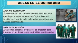 AREAS EN EL QUIROFANO
AREA NO RESTRINGIDA
Área controlada en la que se detiene a las personas
que llegan al departamento quirúrgico. Personal
vestido con ropa de calle y el equipo portátil que no
ha sido desinfectado.
AREA DE TRANSICIÓN
Área donde personal o visitantes se preparan para
ingresar en las áreas semirrestringidas y restringidas.
 