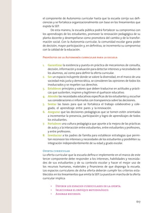 el componente de Autonomía curricular hasta que la escuela corrija sus deﬁ-
ciencias y se fortalezca organizacionalmente con base en los lineamientos que
expida la SEP.
De esta manera, la escuela pública podrá fortalecer su compromiso con
los aprendizajes de los estudiantes, promover la renovación pedagógica de su
planta docente y desempeñarse como promotora del cambio y de la transfor-
mación social. Con la Autonomía curricular, la comunidad escolar gana poder
de decisión, mayor participación y, en deﬁnitiva, se incrementa su compromiso
con la calidad de la educación.
Propósitos de la Autonomía curricular para la escuela
1. Garantizar la existencia y puesta en práctica de mecanismos de consulta,
decisión, información y evaluación para detectar intereses y necesidades de
los alumnos, así como para deﬁnir la oferta curricular.
2. Ser un espacio incluyente donde se valore la diversidad, en el marco de una
sociedad más justa y democrática, se consideren las opiniones de todos los
involucrados y se respeten sus derechos.
3. Establecer principios y valores que deben traducirse en actitudes y prácti-
cas que sustenten, inspiren y legitimen el quehacer educativo.
4. Atender las necesidades educativas especíﬁcas de los estudiantes y, escuchar
sus consideraciones e informarlos con transparencia sobre las decisiones.
5. Sentar las bases para que se fortalezca el trabajo colaborativo y cole-
giado, el aprendizaje entre pares y la innovación.
6. Asegurar que las decisiones pedagógicas que se tomen estén orientadas
a incrementar la presencia, participación y logro de aprendizajes de todos
los estudiantes.
7. Fortalecer una cultura pedagógica que apunte a la mejora de las prácticas
de aula y a la interacción entre estudiantes, entre estudiantes y profesores,
y entre profesores.
8. Involucrar a los padres de familia para establecer estrategias que permi-
tan reconocer los intereses y necesidades de los estudiantes y posibiliten su
integración independientemente de su edad y grado escolar.
Oferta curricular
La oferta curricular que la escuela deﬁna e implemente en el marco de este
tercer componente debe responder a los intereses, habilidades y necesida-
des de sus estudiantes y de su contexto escolar y hacer el mejor uso de
los recursos humanos, materiales y ﬁnancieros de que disponga la escuela.
Los espacios curriculares de dicha oferta deberán cumplir los criterios esta-
blecidos en los lineamientos que emita la SEP. La puesta en marcha de la oferta
curricular implica:
617
 