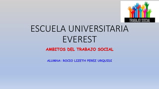 ESCUELA UNIVERSITARIA
EVEREST
AMBITOS DEL TRABAJO SOCIAL
ALUMNA: ROCIO LIZETH PEREZ URQUIDI
 