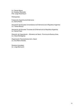 Lic. Daniel Albano
Lic. Gustavo Wansidler
Prof. Jorge Rosenbaum
Participantes:
Federación Argentina de Enfermería
Lic. Elena Perich
Asociación de Escuelas Universitarias de Enfermería de la República Argentina
Lic. Teresa Micozzi
Asociación de Escuelas Terciarias de Enfermería de la República Argentina
Lic. Daniel Prieto
Dirección de Capacitación – Ministerio de Salud - Provincia de Buenos Aires
Lic. Oscar Bordagaray
Organización Panamericana de la Salud
Lic. Ana María Heredia
Docente consultado:
Lic. Jorge Bernucchi

39

 