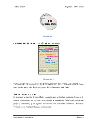 Trabajo Social Segundo Trabajo Social
Ámbitos del Trabajo Social Página 4
Ilustración 1
CAMPOS, AREAS DE ACTUACIÓN TRABAJO SOCIAL.
Ilustración 2
TAXONOMIA DE LAS ÁREAS DE INTERVENCIÓN DEL TRABAJO SOCIAL Áreas
tradicionales potenciales Áreas emergentes Silvia Galeana de la O. 2004
ÁREAS TRADICIONALES
Se centra en la atención de necesidades esenciales para el hombre, mediante el manejo de
manera predominante de referentes conceptuales y metodología Salud tradicional (caso
grupo y comunidad) y en algunas instituciones con contenidos empíricos. Asistencia
Vivienda social Jurídico Educación penitenciaria
 