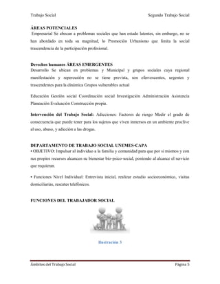 Trabajo Social Segundo Trabajo Social
Ámbitos del Trabajo Social Página 5
ÁREAS POTENCIALES
Empresarial Se abocan a problemas sociales que han estado latentes, sin embargo, no se
han abordado en toda su magnitud, lo Promoción Urbanismo que limita la social
trascendencia de la participación profesional.
Derechos humanos ÁREAS EMERGENTES
Desarrollo Se ubican en problemas y Municipal y grupos sociales cuya regional
manifestación y repercusión no se tiene prevista, son efervescentes, urgentes y
trascendentes para la dinámica Grupos vulnerables actual
Educación Gestión social Coordinación social Investigación Administración Asistencia
Planeación Evaluación Construcción propia.
Intervención del Trabajo Social: Adicciones: Factores de riesgo Medir el grado de
consecuencia que puede tener para los sujetos que viven inmersos en un ambiente proclive
al uso, abuso, y adicción a las drogas.
DEPARTAMENTO DE TRABAJO SOCIAL UNEMES-CAPA
• OBJETIVO: Impulsar al individuo a la familia y comunidad para que por si mismos y con
sus propios recursos alcancen su bienestar bio-psico-social, poniendo al alcance el servicio
que requieran.
• Funciones Nivel Individual: Entrevista inicial, realizar estudio socioeconómico, visitas
domiciliarias, rescates telefónicos.
FUNCIONES DEL TRABAJADOR SOCIAL
Ilustración 3
 