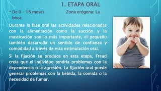 1. ETAPA ORAL
• De 0 – 18 meses Zona erógena: La
boca
Durante la fase oral las actividades relacionadas
con la alimentación como la succión y la
masticación son lo más importante, el pequeño
también desarrolla un sentido de confianza y
comodidad a través de esta estimulación oral.
Si la fijación se produce en esta etapa, Freud
creía que el individuo tendría problemas con la
dependencia o la agresión. La fijación oral puede
generar problemas con la bebida, la comida o la
necesidad de fumar.
 