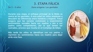 3. ETAPA FÁLICA
De 3 – 6 años Zona erógena: Los genitales
Durante esta etapa, el enfoque principal de la libido se
centra en los genitales. A esta edad los niños empiezan a
descubrir las diferencias entre hombres y mujeres. Freud
asegura que los varones comienzan a experimentar
sentimientos sexuales hacia sus madres y ven a sus
padres como competidores, por lo que temen ser
castrados, proceso que resulta en el Complejo de Edipo.
Más tarde los niños se identifican con sus padres y
reprimen los sentimientos hacia sus madres para dejar
atrás esta fase.
 
