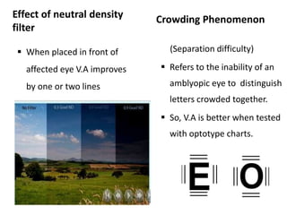 Effect of neutral density
filter
 When placed in front of
affected eye V.A improves
by one or two lines
Crowding Phenomenon
(Separation difficulty)
 Refers to the inability of an
amblyopic eye to distinguish
letters crowded together.
 So, V.A is better when tested
with optotype charts.
 